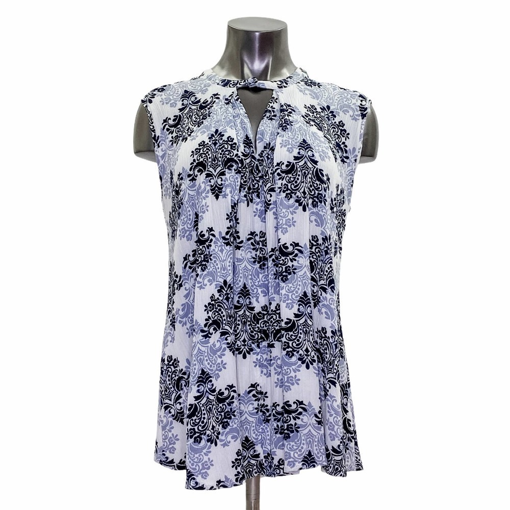 LAPIS Black and Blue Mandala Print Keyhole Blouse Women's Size Large